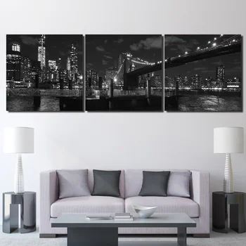 Tuval Resimlerinde Oturma Odası Ev Dekor HD Baskılar 3 Parça Brooklyn Köprüsü Poster New York Nightscape Resimleri Duvar Sanatı Çerçeve