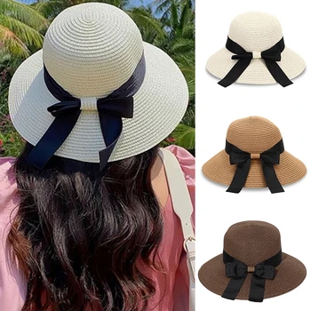 Moda Yay Yaz Ebeveyn-çocuk plaj şapkası Kadın Rahat Panama Şapka Bayan Marka Kadın Düz ağız İlmek hasır şapka kızlar güneş şapkası