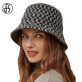 FS Kadın Sonbahar Kış Sıcak Ekose Havza Şapka Yün fötr şapka Şapka Katlanabilir kova kapağı Bayanlar Cloche Melon Kilise Kapaklar Güneşlik