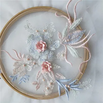 3D Dantel mavi pembe çiçekler dantel aplikler madalyonlar danteller motif elbiseler DIY renk dantel çiçekler