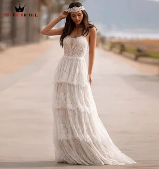 Basit Spagetti Sapanlar düğün elbisesi 2023 Dantel Kat Uzunluk Katmanlı Bohemian Kolsuz Plaj gelinlikler Ruffles Etek Vintage