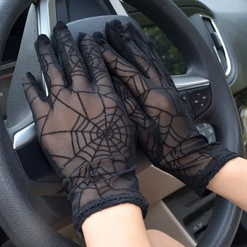 Moda Kadın Eldiven Seksi Yaz Kadın Tam Parmak Kısa Dantel Eldiven Kadın Sürüş Örümcek Web Desen Güneş Anti-Uv Siyah Eldiven