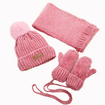 Bebek Kış Eşarp şapka seti Çocuklar İçin Erkek Kız örgü şapkalar Atkı Eldiven 3 Adet Setleri Ponpon Kap Eşarp Çocuk Sıcak Takım Elbise