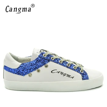 CANGMA Lüks Marka Tasarımcı Ayakkabı Kadın düz ayakkabı Beyaz Kızlar Mavi Payetli Kadın Vulkanize Spor Ayakkabı Kadın