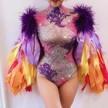 Renkli Shining Rhinestones Seksi Bodysuits İle Kadınlar İçin Tüyler Şerit Moda Gösterisi Sahne Kostümleri Rave Sürükle Kraliçe Kıyafet
