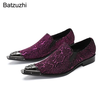 Batzuzhi erkek ayakkabılüks El Yapımı Sivri Metal Burunlu Deri Elbise Ayakkabı Erkekler Slip-on Resmi İş, Parti ve Düğün Oxford