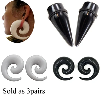 6 adet UV Akrilik Siyah & Beyaz Spiral Kulak Konik Fişler Düz Kulak Genişletici Sedyeler Ölçer Küpe Karışık 3 desgin Piercing