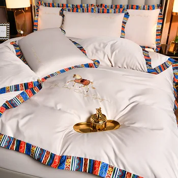 Avrupa Basit Lüks nevresim takımı nevresim yatak çarşafları Yastık Kılıfı Düz Renk Yıkanmış İpek Çift Kişilik Yatak Dört Parçalı Set 4 adet