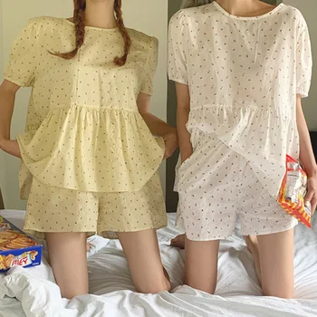 Kız Pijama Seti Kadın Tatlı Ins Pamuk Çiçek Baskı İki Parçalı Ev Takım Elbise Gömlek + Şort Takım Elbise Pijama Vintage Kawaii