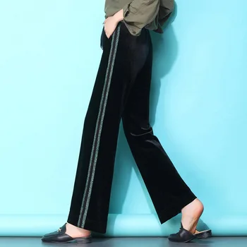 CJ061 Artı Boyutu Kış Altın Kadife Patchwork Uzun Pantolon Vintage Fişekleri Pantolon Kadın Sıcak Geniş Bacak Pantolon