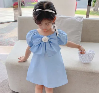 Cultiseed Bebek Kız Tatlı Sevimli Yay Kare Yaka Puf Kollu Prenses Parti Elbise Çocuk Çocuk Yaz Tatil Rahat Önlük