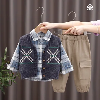Sonbahar Bebek giyim setleri Bebek Erkek Örme yelek Ekose Gömlek Pantolon Rahat Tarzı Çocuk Dış Giyim Çocuklar pamuklu kıyafet