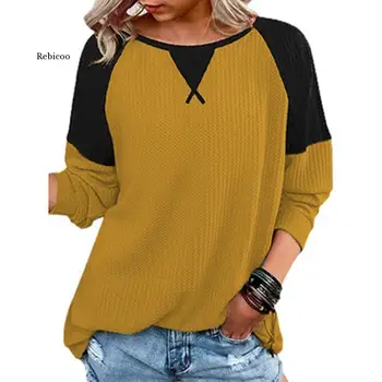 Bayanlar rahat moda uzun kollu dikiş yuvarlak Boyun kontrast renk üst T-Shirt Sonbahar rahat kıyafet