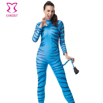 Mavi Zebra Yetişkin Na'vi Tulum Kostüm Seksi Cadılar Bayramı Kostümleri Kadınlar İçin Cosplay Afanda Süper Kahraman Bilimkurgu Film Karnaval Kostüm