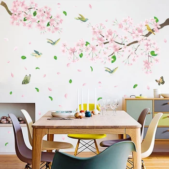 Pembe Dalları Çiçekler ve Kuşlar Duvar Sticker Romantik Çin Tarzı Duvar Çıkartmaları Ev Yatak Odası Oturma Odası için Büyük Hediye