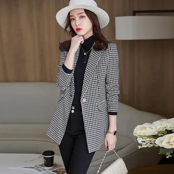 Güz 2021 Bayan Kore Moda Artı Boyutu Sonbahar Ekose Blazers Ceketler Ofis Bayan Profesyonel Hırka Ceket Chaqueta Mujer