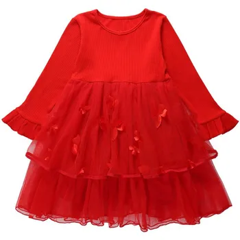 DFXD Çocuk Giysileri 2018 Yeni Moda Sonbahar Düz Renk Parlama Kollu Örme Eklenmiş Prenses Elbise Genç Kız Dantel Elbise 3-12Y
