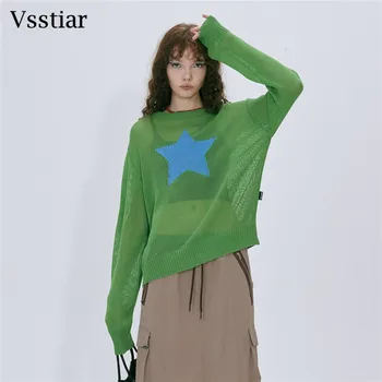 Vsstıar Beş Köşeli Yıldız Baskı Önlük Üstleri Moda Uzun Kollu See Through Örme T-Shirt Sonbahar Streetwear Kapak-Ups Tees Kadınlar