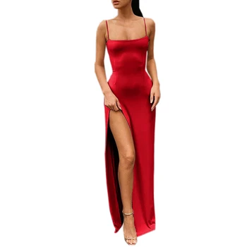 Backless Seksi Kayış Bölünmüş yaz elbisesi Kadınlar Zarif kadın elbiseleri Parti İçin 2022 Kolsuz Kaşkorse Uzun Kırmızı Elbise