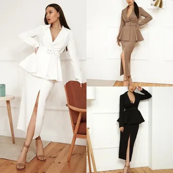 Zarif Kadın Takım Elbise Etek Seti İş İçin Özel Yapılmış 2 Adet Blazer Kemer İle Resmi Ofis Bayan Ayak Bileği Uzunluğu Parti Balo Elbise