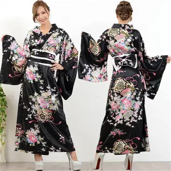 Kadın Japon Kimono Elbise Tatlı Çiçek Desen Japon Kimono Cosplay Elbise Kıyafet Kadın İpek Saten Bornoz Pijama