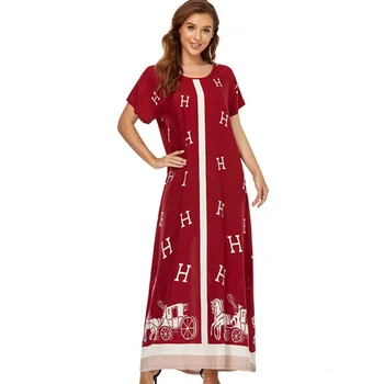 2021 Yeni Müslüman kadın Elbise Moda Kazak Baskı Kırmızı Gevşek Maxi Elbise Büyük Salıncak Abaya Orta Doğu Dubai kadın elbise