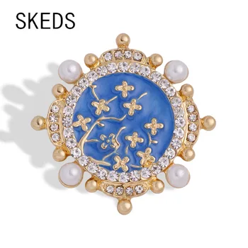 SKEDS Vintage Barok Klasik Kristal Yuvarlak Broş Kadınlar İçin Zarif Saray Emaye İnci Broş Pins Retro Takı Hediye