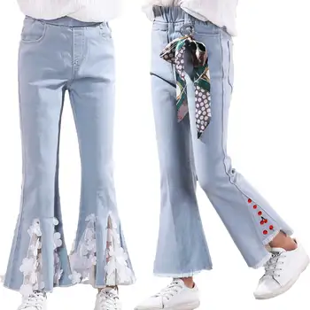 Moda Dantel Flare Kot Kızlar için Genç Çocuk Kot Elastik Bel Kot Pantolon Çocuklar Çan Dipli Pantolon Kız için giysi