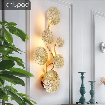 Artpad Bakır Parlaklık Altın Lotus Yaprağı Duvar Lambası Eski Retro Başucu Oturma Odası sanat dekoru Ev Aydınlatma Duvar Aplikleri G4 Ampul