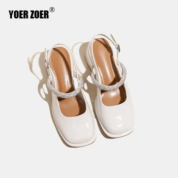 Kadın yaz Hakiki Deri Retro orta topuk ayakkabı Kare Kafa Mary Jane Tıknaz Topuk Taklidi kadın yeni 2022 ayakkabı Sandalet