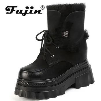 Fujin 10 cm Yeni Inek Süet Hakiki Deri Ayak Bileği Orta Buzağı Platformu Kama Sonbahar Kış Sıcak Kadın Peluş Patik Gizli Topuklu Ayakkabı