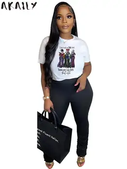 Akaily Yaz Beyaz grafikli tişört Kadınlar İçin 2022 Streetwear O Boyun Kısa Kollu Baskı Üstleri Kadın Rahat Siyah T Shirt