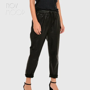 Novmoop moda stil kadın siyah elastik bel koyun derisi hakiki deri ayak bileği uzunlukta harem pantolon pantalon femme LT3048