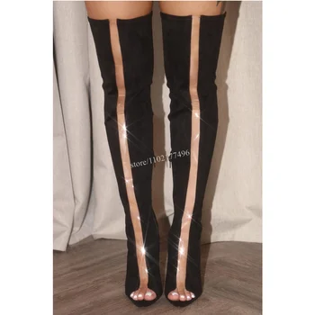 Pvc Diz Üzerinde Elastik Çizmeler Bayanlar Peep Toe Stiletto Hollow Lüks Marka Tasarım Yüksek Topuklu Açık Siyah Pamuk Tayt Moda