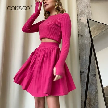 COKAGO 2 Parça Set Kazak Örme Takım Elbise Etek Mini Pilili Etek Ve Uzun Kollu İnce Mahsul Kazak Bayan 2 Parça Takım Elbise